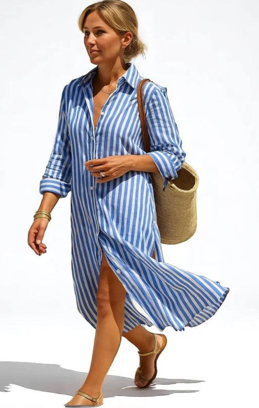 Denise – Vestido a Rayas con Cuello Elegante