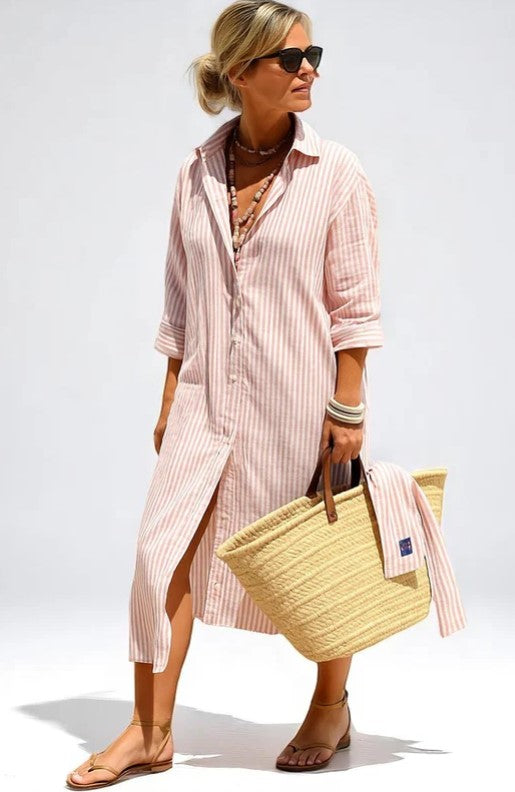 Denise – Vestido a Rayas con Cuello Elegante